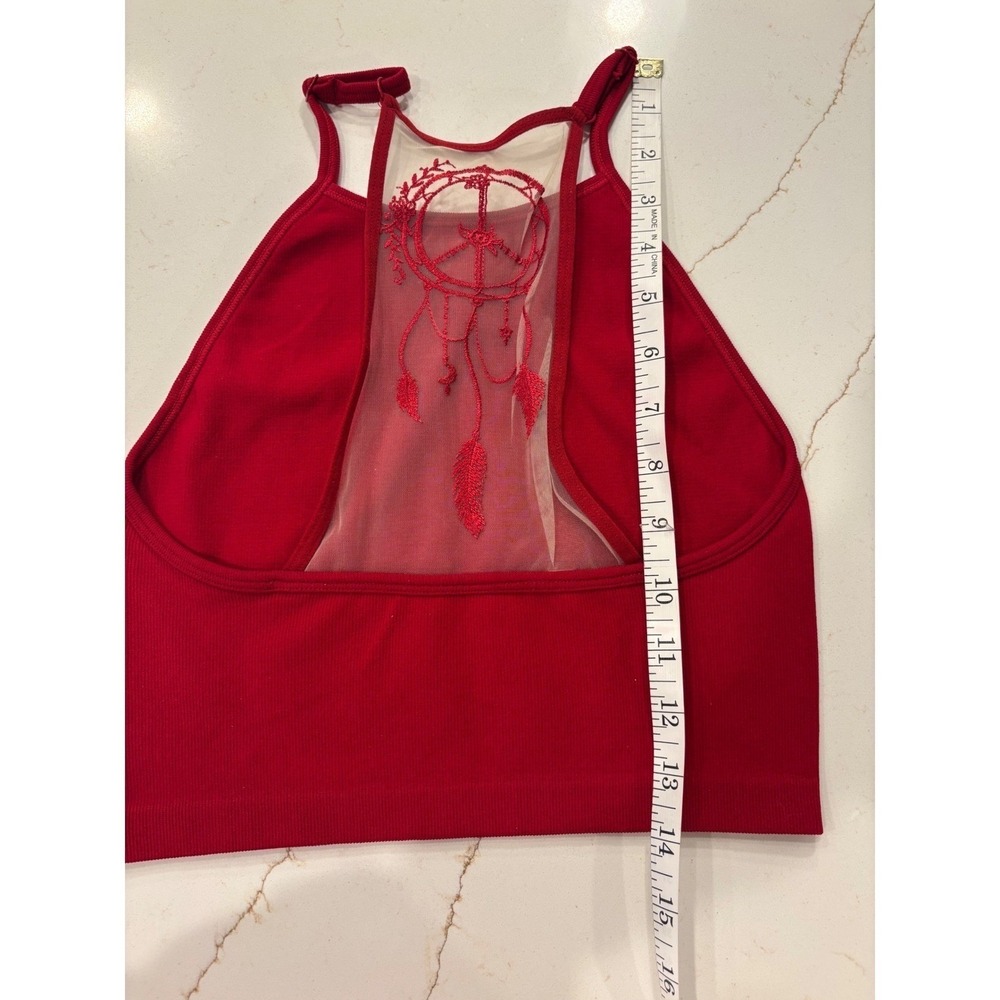 Red Ribbed High Neck Bralette Mesh Peace Dreamcatcher Back‎ Festival Crop Top - Picture 3 of 5